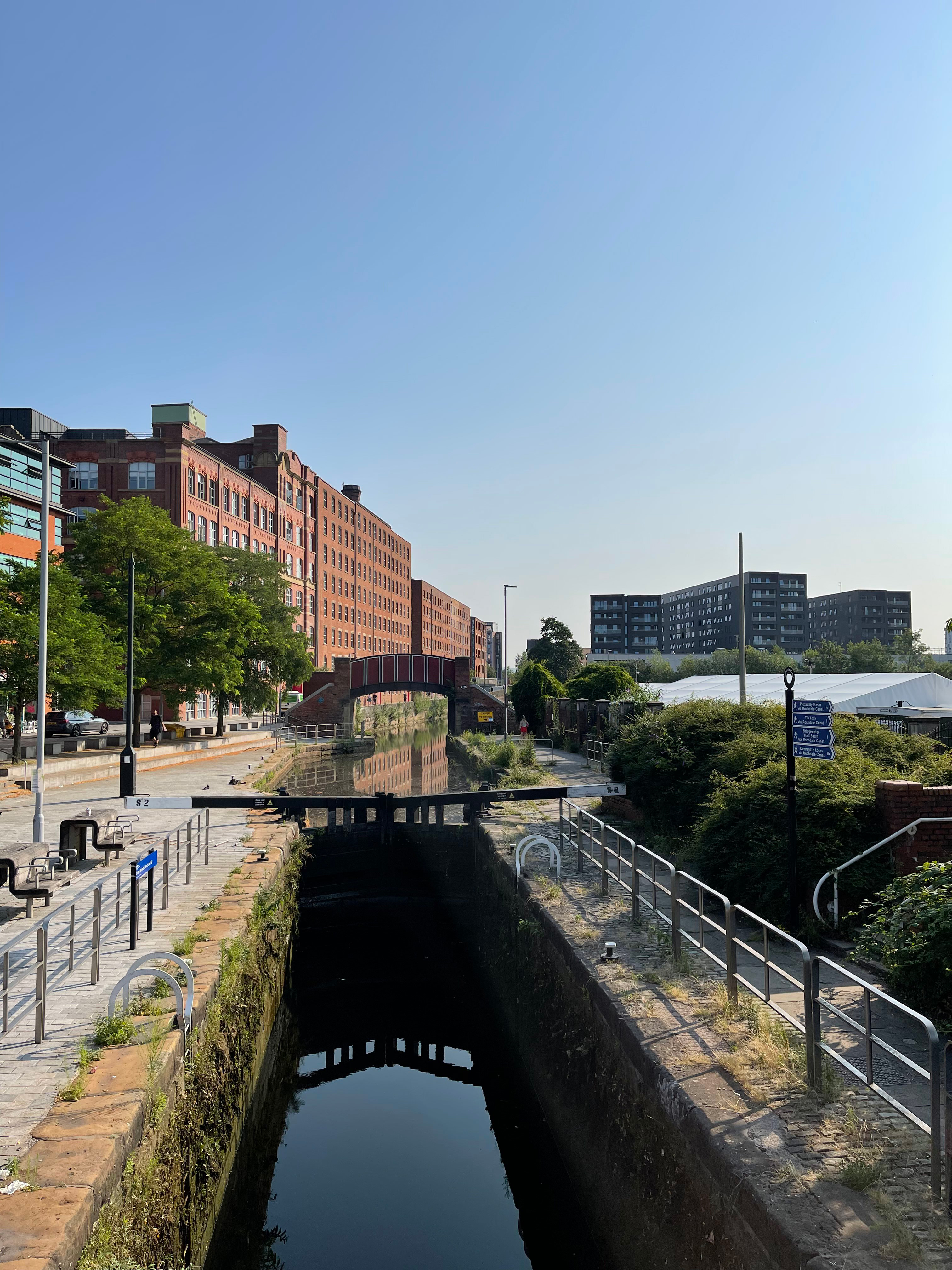 Locks and footbridge over Rochdale Canal with Ancoats mills in the background